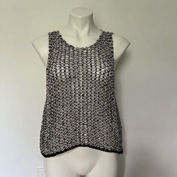 Eileen Fisher open knit black and white sleeveless crop top - Picture 1 of 9